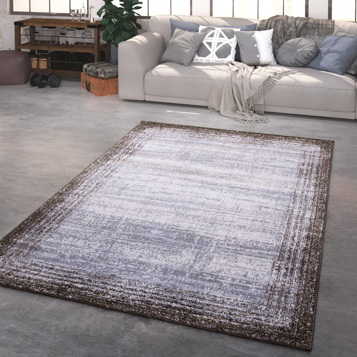 Modern Used Look Abstract Bordered Grey Brown #8844