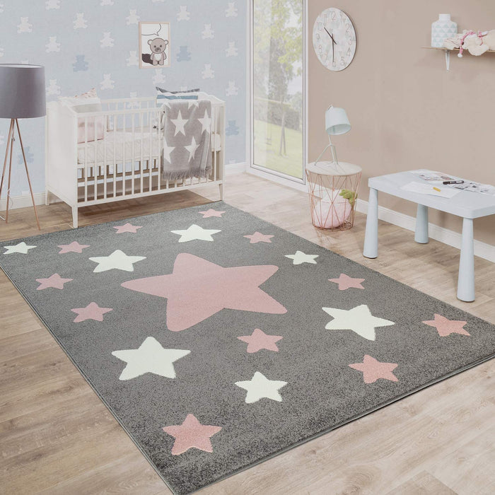 Kids Grey Pink Stars Pattern Rug #283