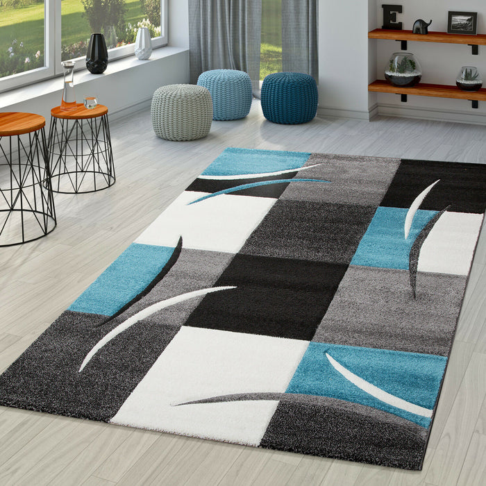 Modern Checked Rug In Blue Grey #4562bl