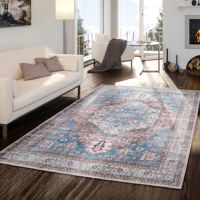 Traditional Ethnic Boho Rugs Flatwave Blue Pink #22146