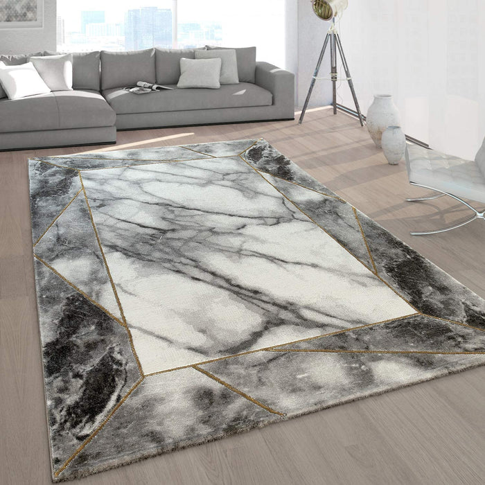 Modern Marble Look Border Rug in Grey Gold #10065g