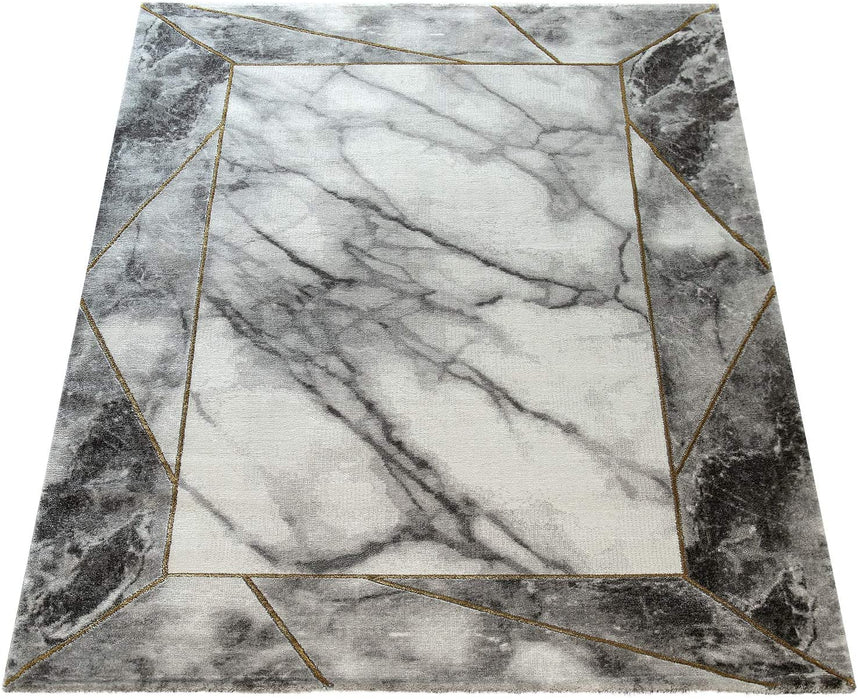 Modern Marble Look Border Rug in Grey Gold #10065g