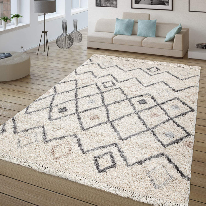 Boho Shaggy Rug In Ivory Grey #13429