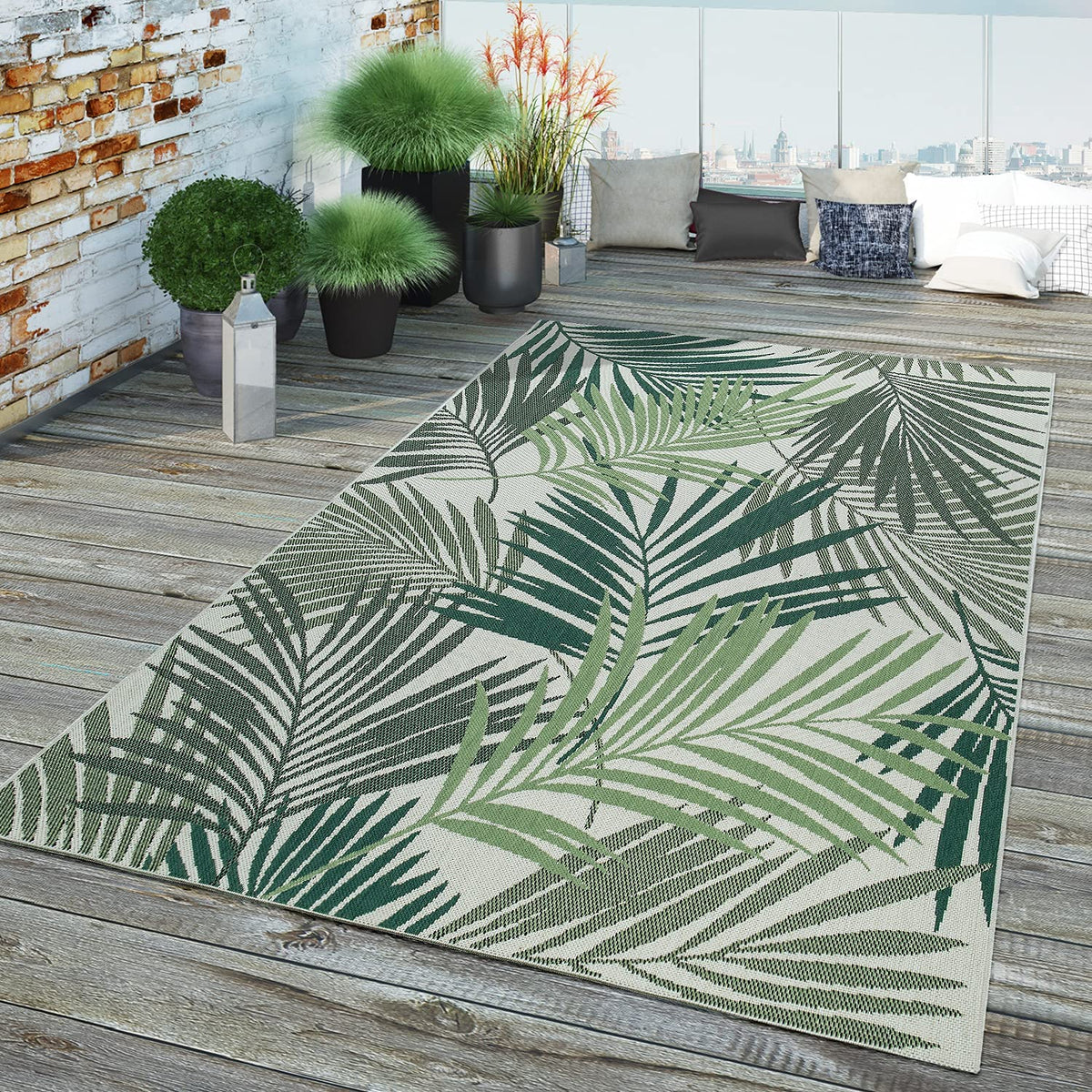 Green Indoor / Outdoor Flatwave Palm Tree Rug #4335